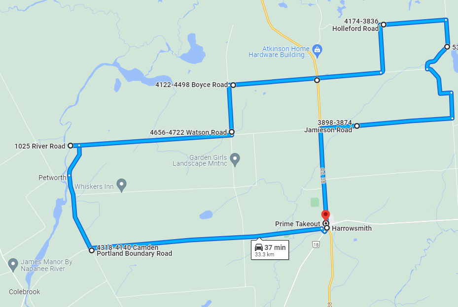 Google map of Harrowsmith and Holleford lilac tour