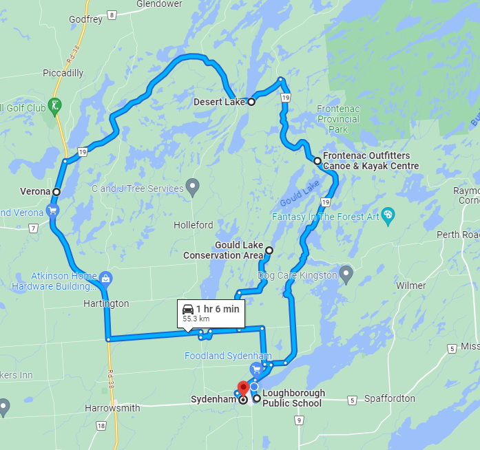 google map of Sydenham to Verona fall drive
