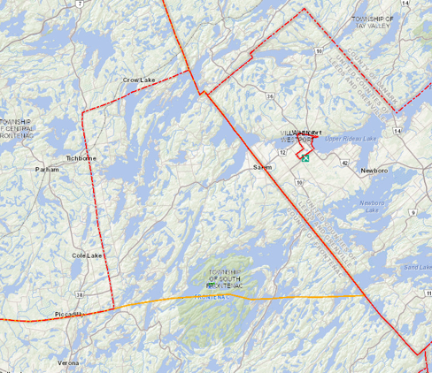 Map distinguishing the lines between the districts in South Frontenac.