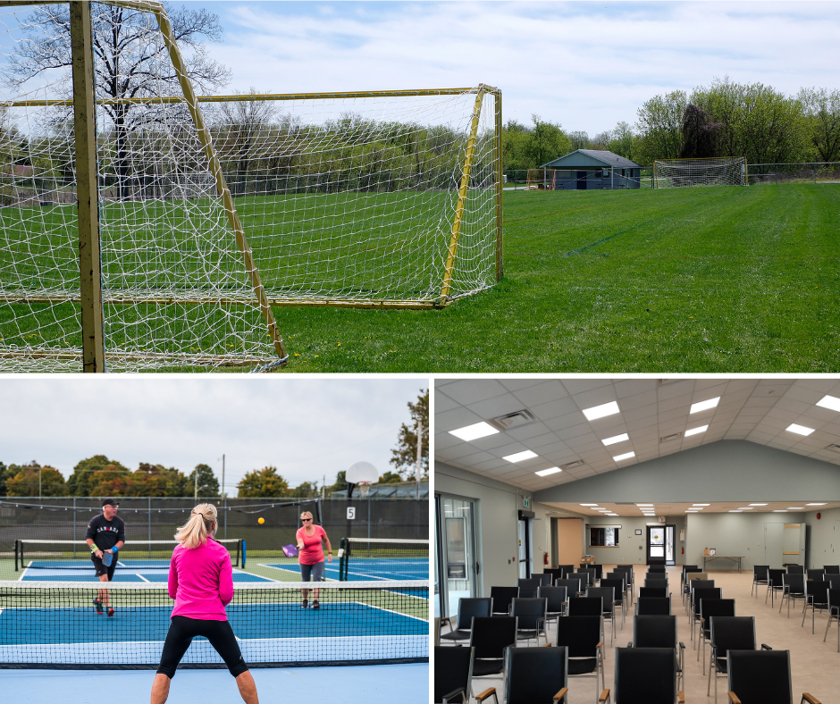 soccer nets, pickleball players and hall